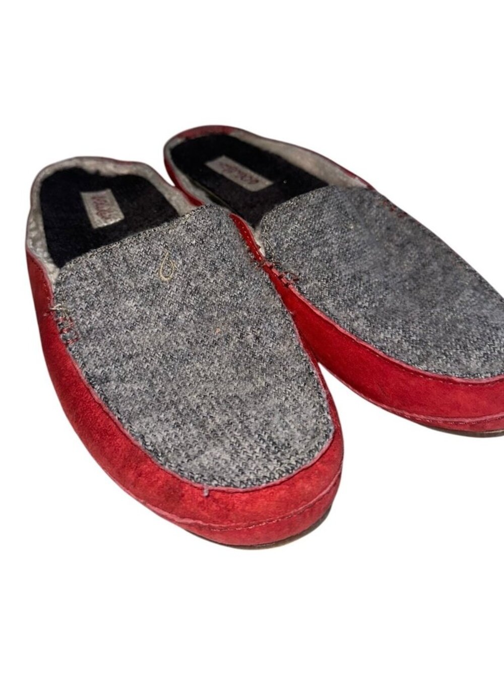 OluKai Alaula Gray Red Shearling Sheepskin Suede Slipper Slide Shoes Women's 7